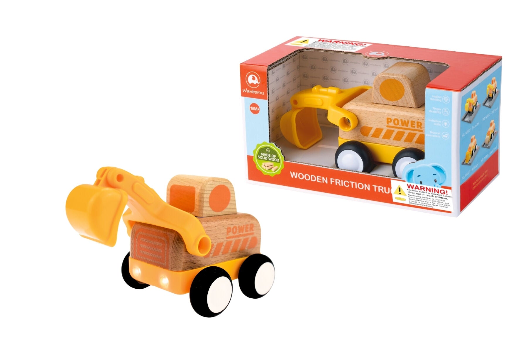 WOODEN FRICTION TRUCH DIGGER WITH SOUND AND LIGHTS